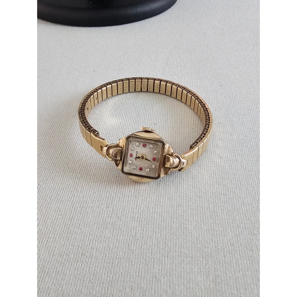 Vintage Ladies Benrus Square Cocktail Watch 10K RGP Rubies & Diamonds RUNNING